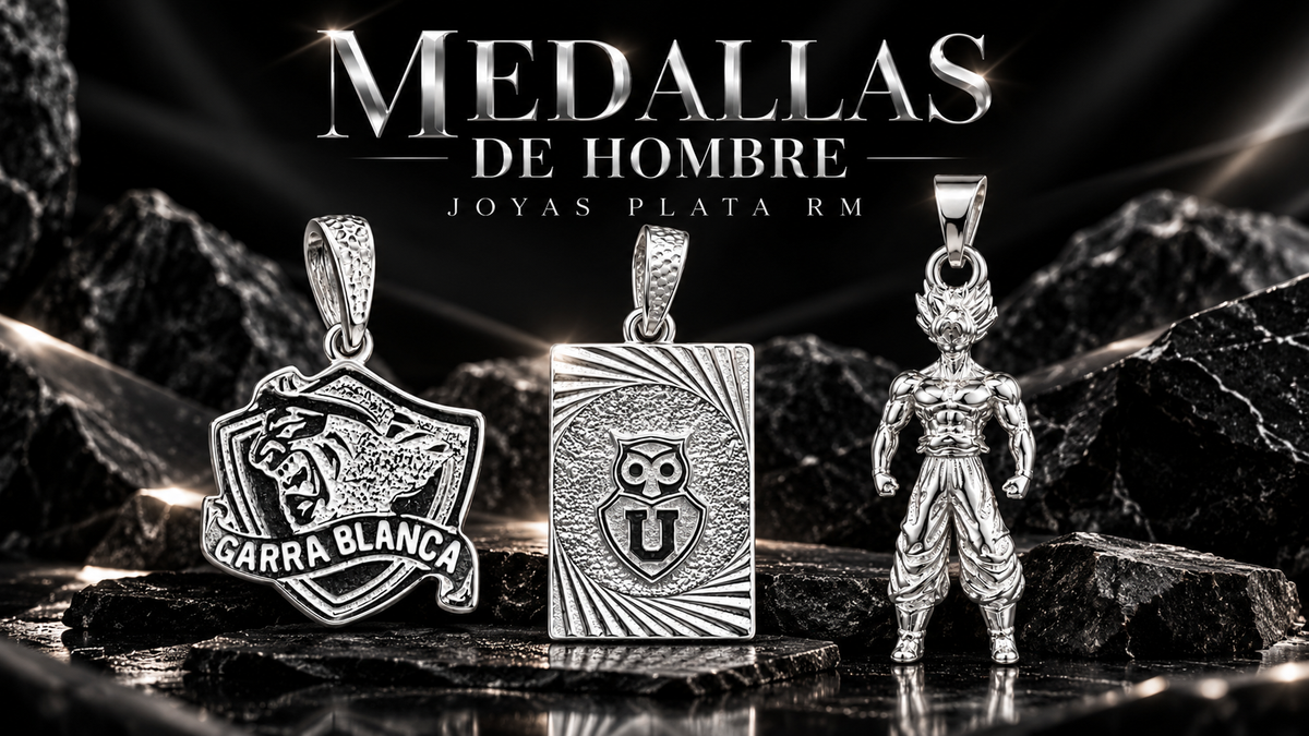 Medallas de hombre - Joyas Plata RM, colgantes de plata en fondo negro elegante
